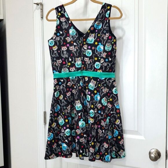 Hemet Multicolor Day Of The Dead Cat Cotton Fit & Flare Mini Dress Medium - Picture 4 of 4